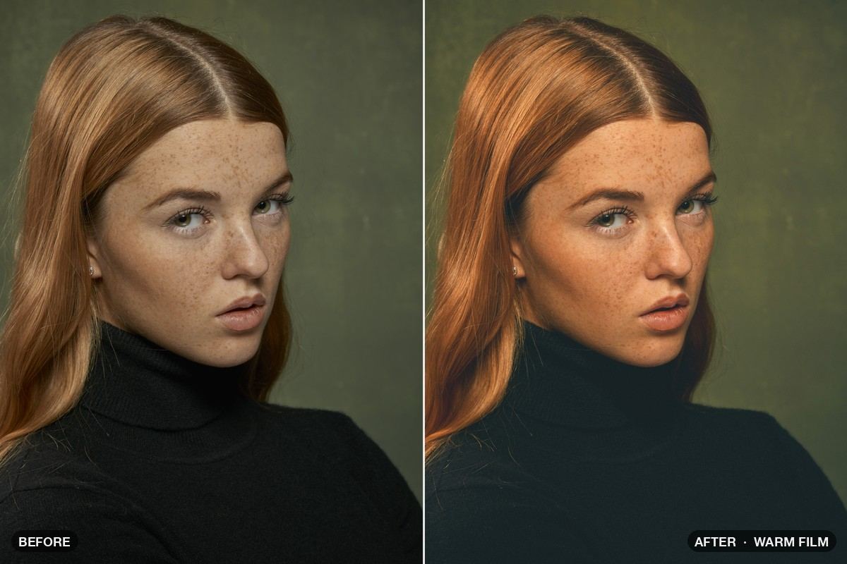 Portrait of a woman with copper hair before and after the Warm Film look made in Infinite Nodra: warmer skin, matte blacks and fine grain.
