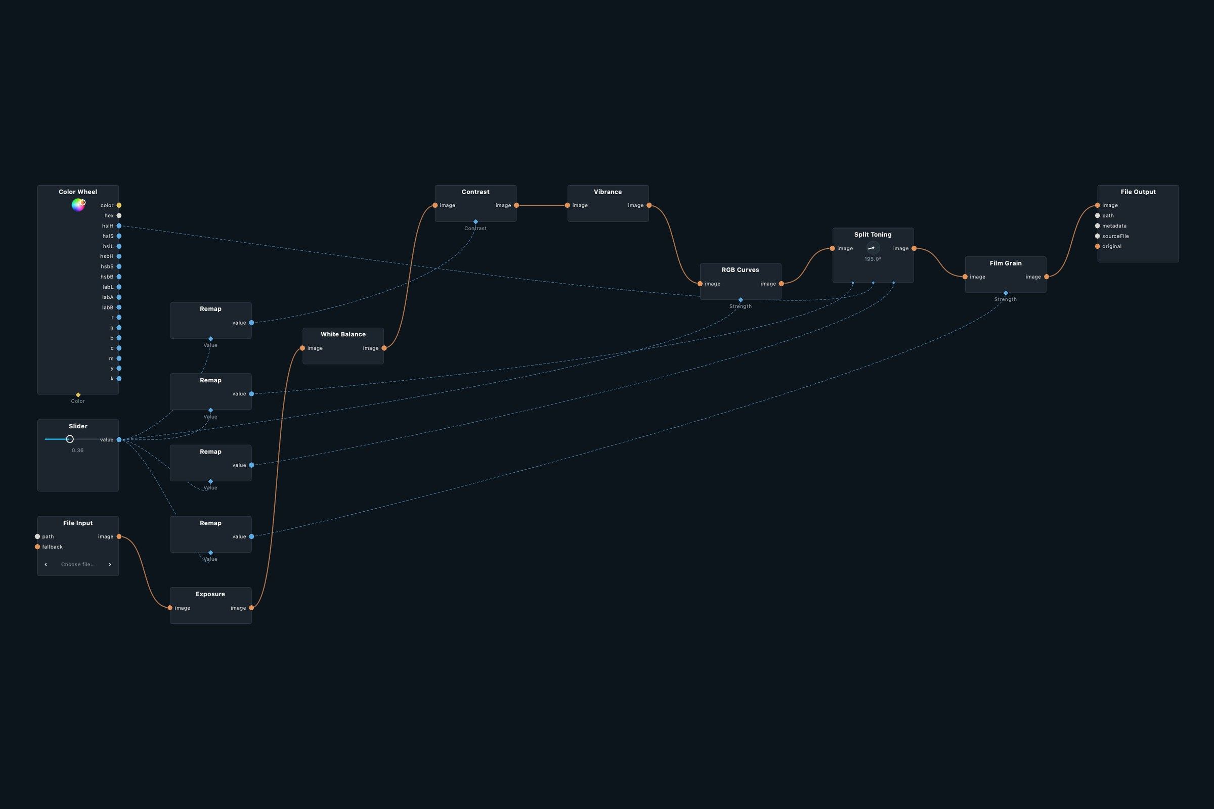 Node graph of the Warm Film patch in Infinite Nodra