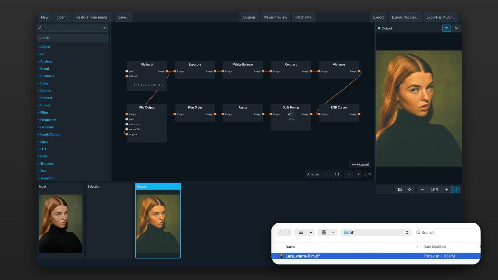 Nodra after “Restore from image”: all ten nodes and sliders of the edit are back on the canvas and the portrait is in the preview; the file dialog shows the exported TIFF the patch came from.