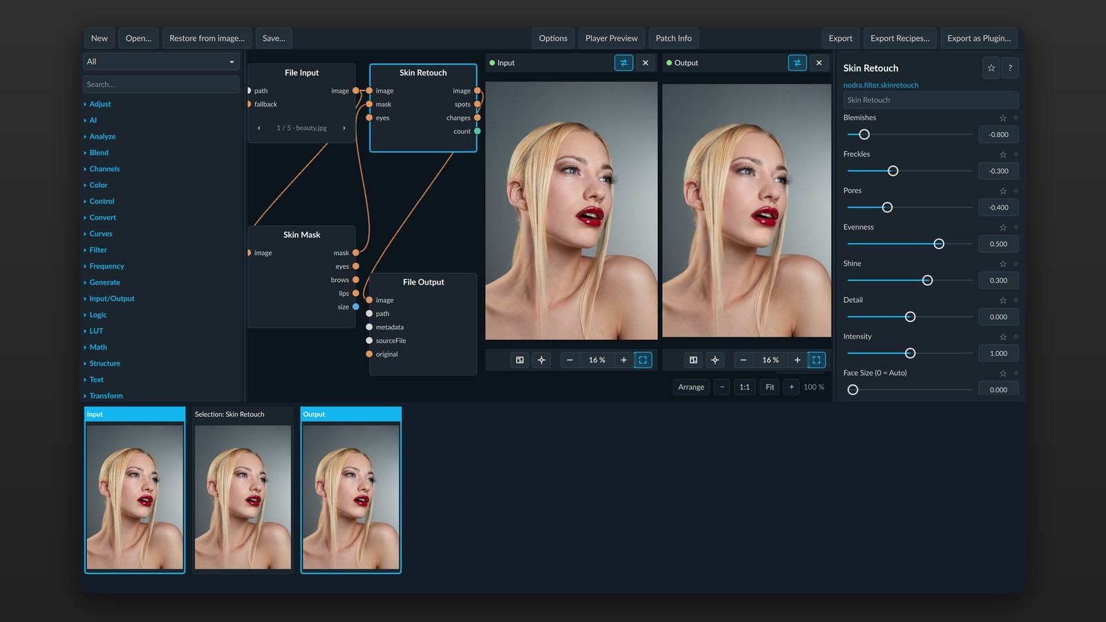 Skin Retouch node selected in the Inspector with its sliders for blemishes, freckles, pores, evenness and shine, next to the input and output previews.