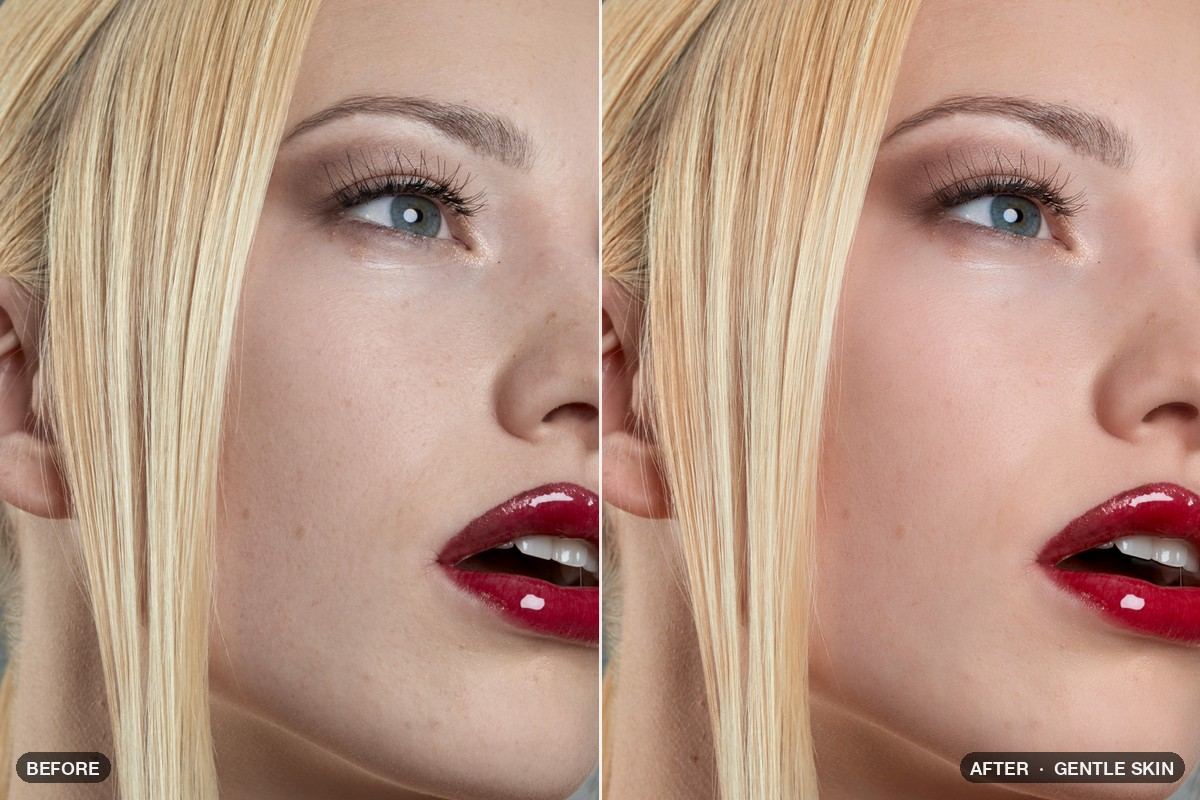 Portrait before and after the Gentle Skin look