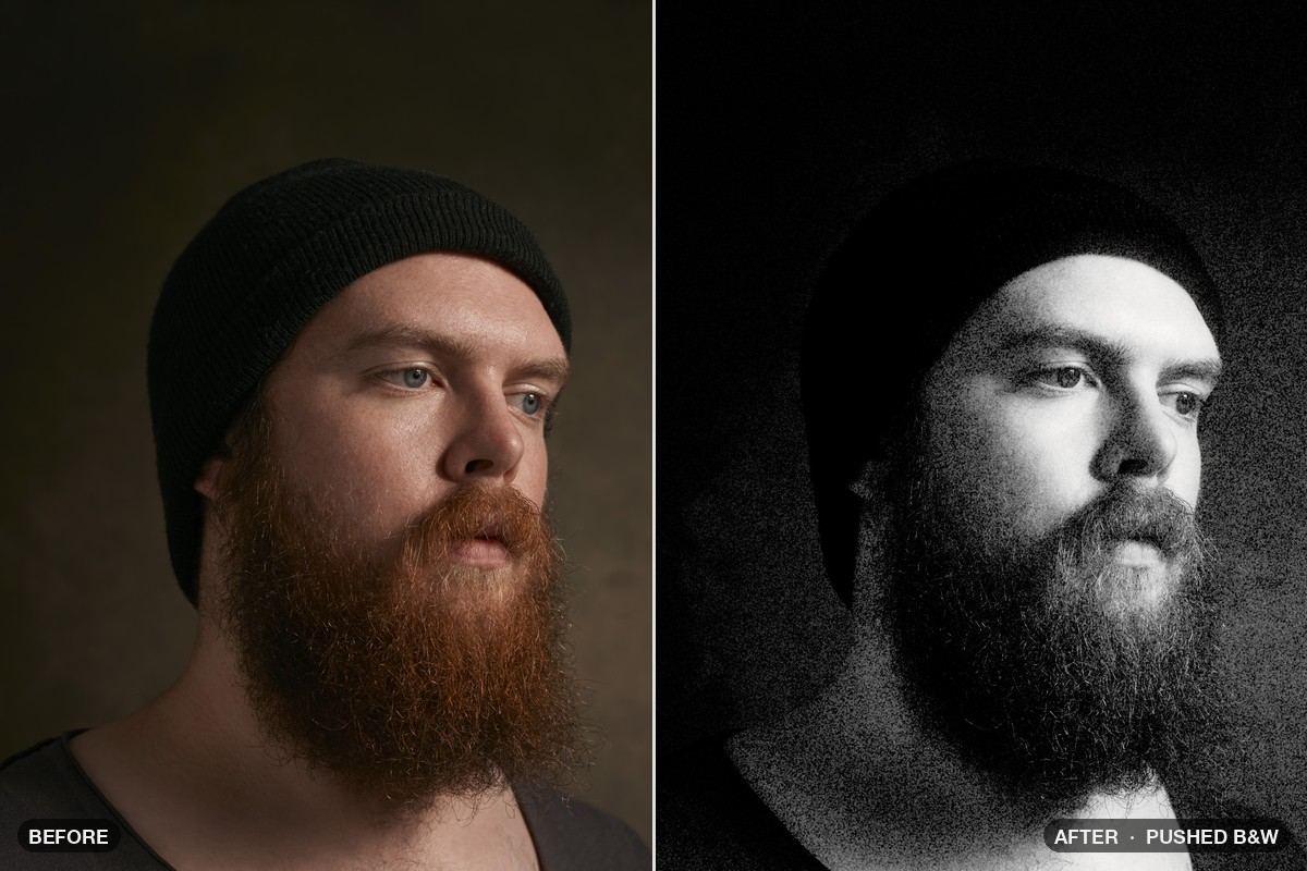 Portrait before and after the Pushed B&W look