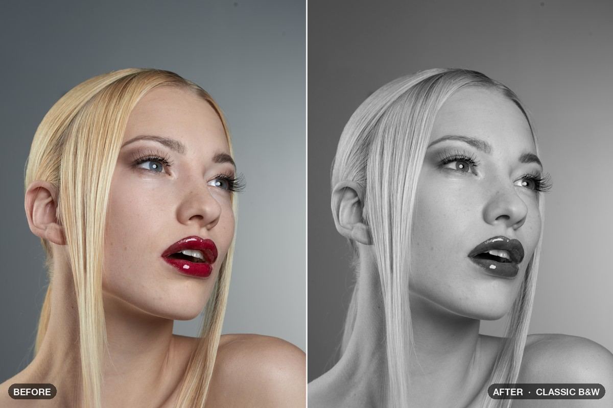 Portrait before and after the Classic B&W look