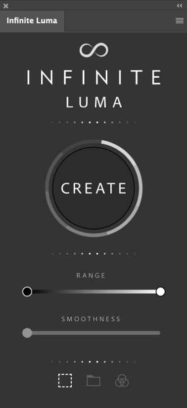 Infinite Luma panel in Photoshop with a Create button, Range and Smoothness sliders, and three output icons