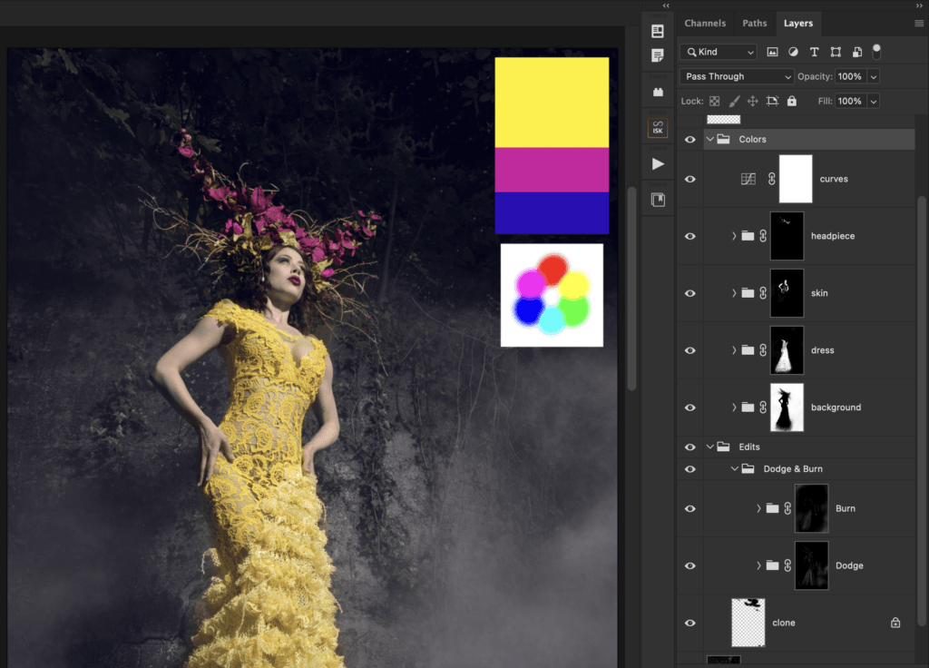 The layers of practice_image.psd in Photoshop: color groups, masks and dodge &amp; burn