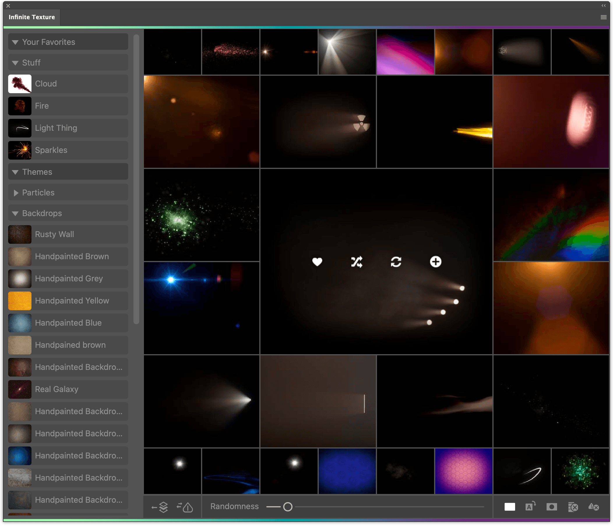 Infinite Texture panel in Photoshop with a folder list on the left and a grid of dark overlay thumbnails with a Randomness slider below