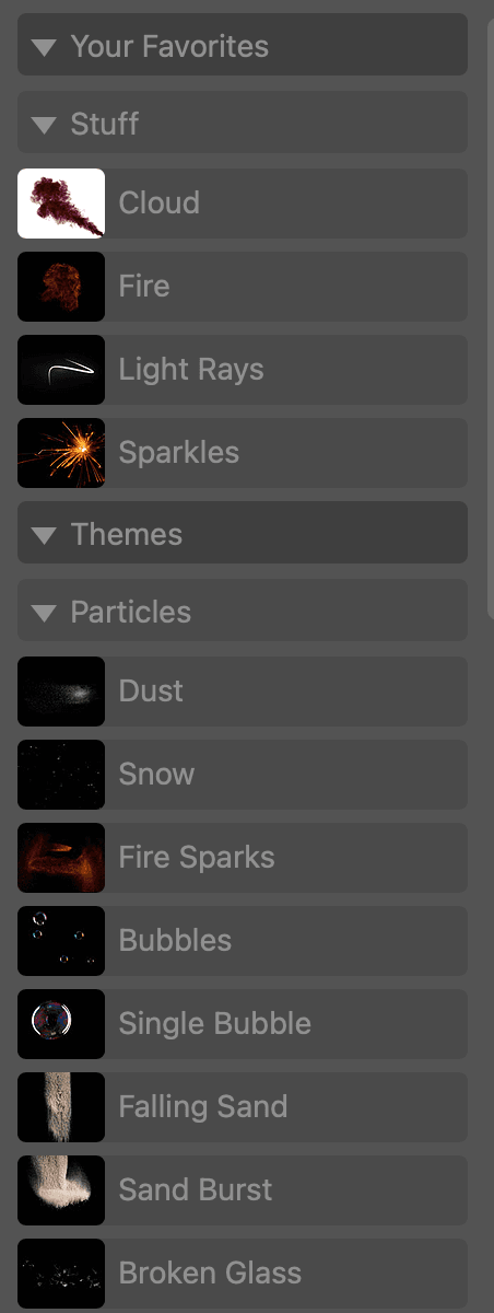 Folder list with Your Favorites, Stuff, Themes, and Particles sections and small preview thumbnails