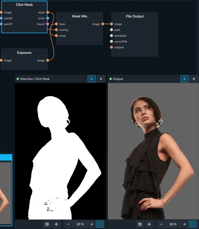 Click Mask node cutting a standing woman out of a studio photo with two clicks (body and head): the white-on-black mask next to the result with the background darkened.