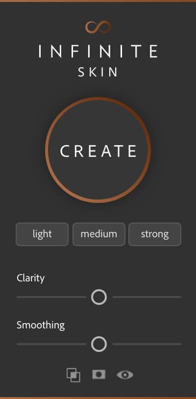 Infinite Skin panel in Photoshop with a Create button and Clarity and Smoothing sliders