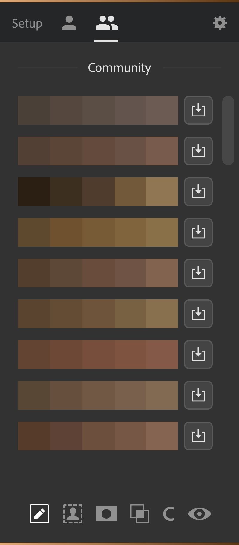 Community tab of the Infinite Unify panel listing gradient swatch rows, each with a download button