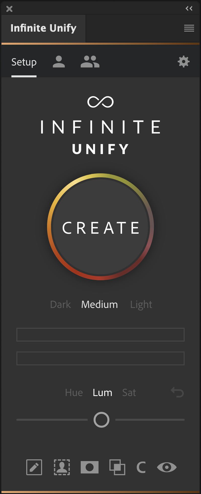 Infinite Unify panel in Photoshop with a Create button, Dark, Medium and Light options, Hue, Lum and Sat controls, and a row of tool icons