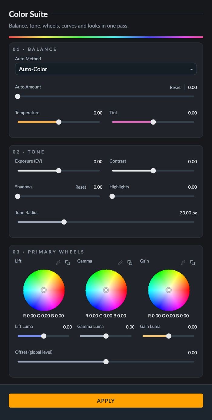 The “Color Suite” Player panel: auto-method dropdown, temperature, tint, exposure and contrast sliders, three primary color wheels with luma sliders and an Apply button.