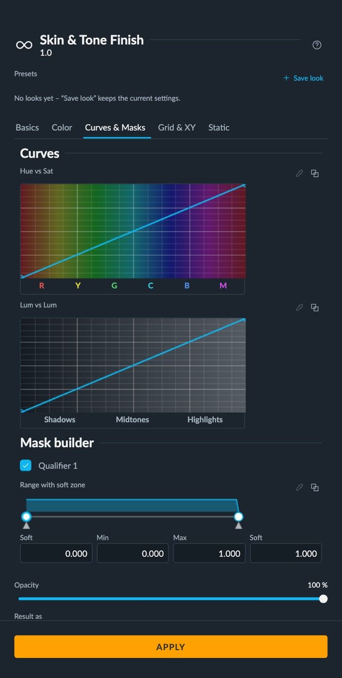 The “Skin &amp; Tone Finish” Player panel: tabs, a hue-versus-saturation curve with color bar, a luminance curve, a mask builder with a soft-edged range control and numeric fields.