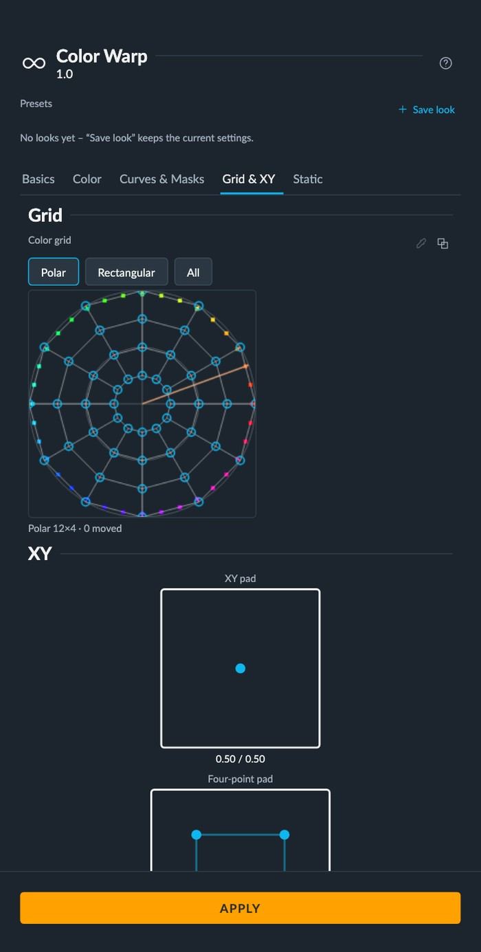 The “Color Warp” Player panel: a polar color grid with draggable points, mode buttons, an XY pad and a four-point pad.