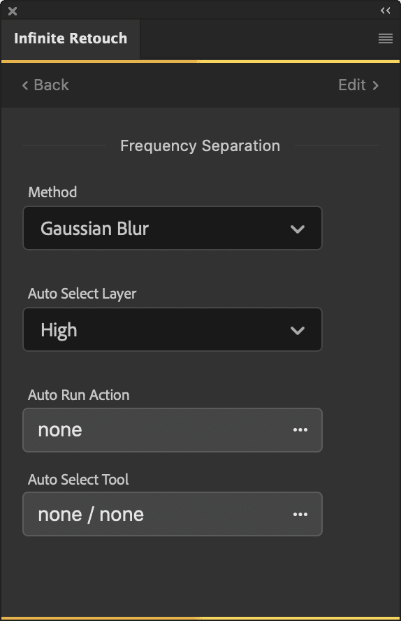 Frequency Separation settings with fields for method, auto select layer, auto run action and auto select tool