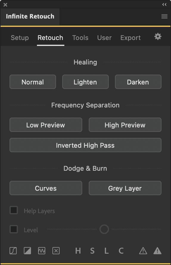 Retouch tab with Healing, Frequency Separation, and Dodge & Burn buttons