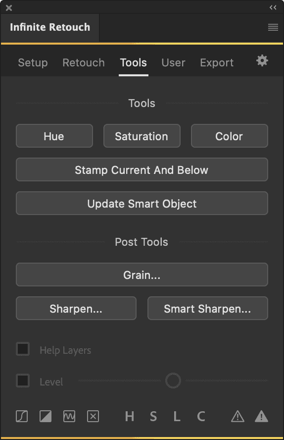 Tools tab with Hue, Saturation, Color, Stamp Current And Below, Grain, Sharpen and Smart Sharpen buttons