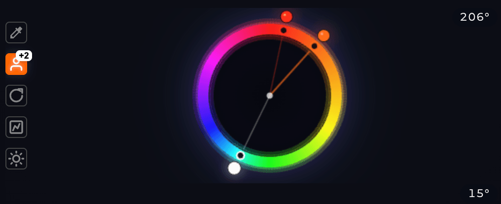 RYB color wheel with draggable hue handles and a tool column on the left