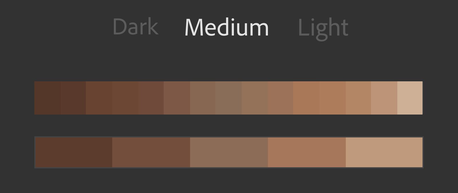 Dark, Medium and Light options above two rows of brown skin-tone swatches